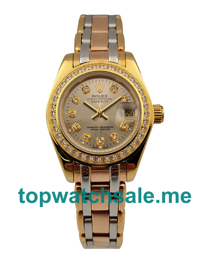 UK AAA Rolex Pearlmaster 80298 26.5 MM Champagne Dials Women Replica Watches