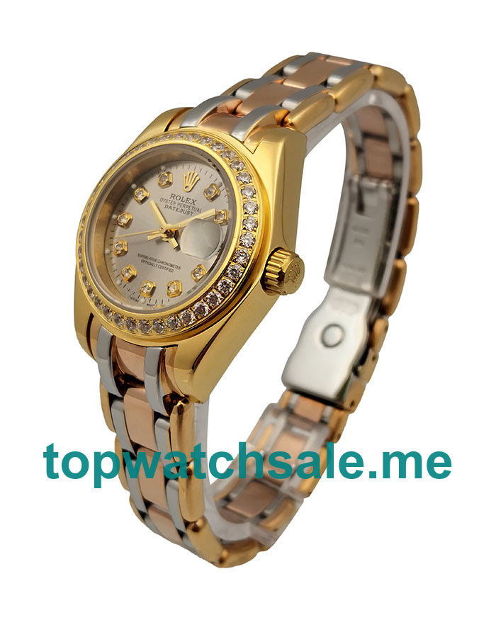 UK AAA Rolex Pearlmaster 80298 26.5 MM Champagne Dials Women Replica Watches