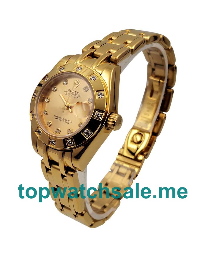 UK AAA Rolex Pearlmaster 81318 28 MM Champagne Dials Women Replica Watches